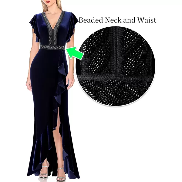 VFSHOW Womens Beaded V Neck Ruffle Sleeve Formal Prom High Split Maxi Dress 2023 Wedding Guest Bridesmaid Evening Long GownBlue Velvet