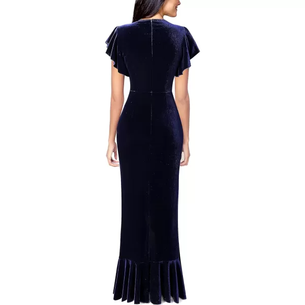 VFSHOW Womens Beaded V Neck Ruffle Sleeve Formal Prom High Split Maxi Dress 2023 Wedding Guest Bridesmaid Evening Long GownBlue Velvet