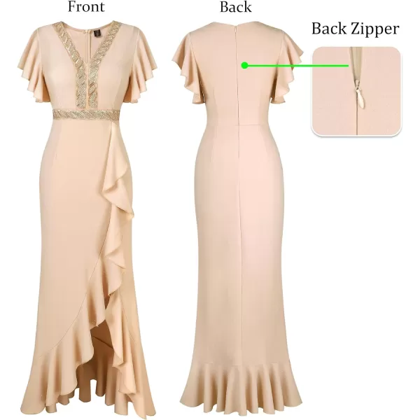 VFSHOW Womens Beaded V Neck Ruffle Sleeve Formal Prom High Split Maxi Dress 2023 Wedding Guest Bridesmaid Evening Long GownSparkly Beige