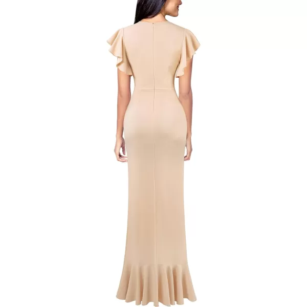 VFSHOW Womens Beaded V Neck Ruffle Sleeve Formal Prom High Split Maxi Dress 2023 Wedding Guest Bridesmaid Evening Long GownSparkly Beige