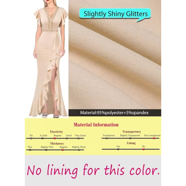 VFSHOW Womens Beaded V Neck Ruffle Sleeve Formal Prom High Split Maxi Dress 2023 Wedding Guest Bridesmaid Evening Long GownSparkly Beige