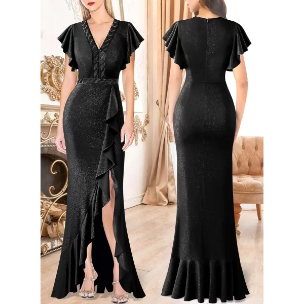 VFSHOW Womens Beaded V Neck Ruffle Sleeve Formal Prom High Split Maxi Dress 2023 Wedding Guest Bridesmaid Evening Long GownSparkly Black2