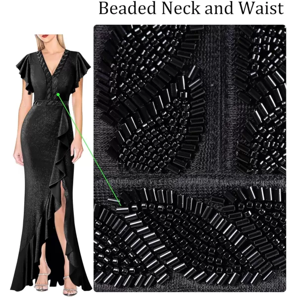 VFSHOW Womens Beaded V Neck Ruffle Sleeve Formal Prom High Split Maxi Dress 2023 Wedding Guest Bridesmaid Evening Long GownSparkly Black2