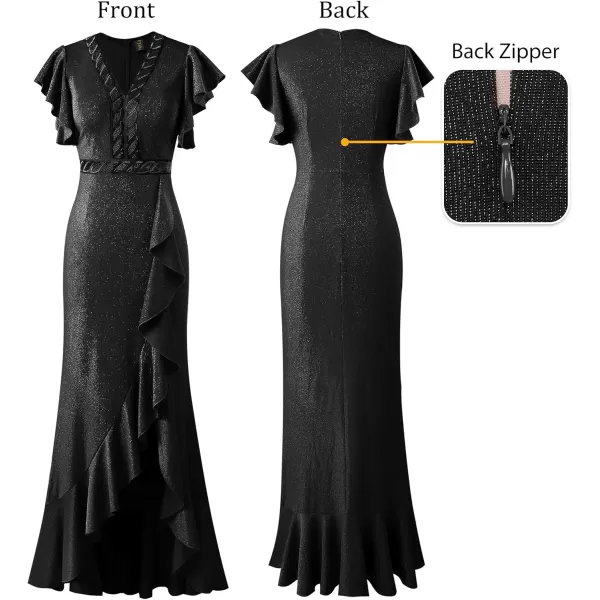 VFSHOW Womens Beaded V Neck Ruffle Sleeve Formal Prom High Split Maxi Dress 2023 Wedding Guest Bridesmaid Evening Long GownSparkly Black2