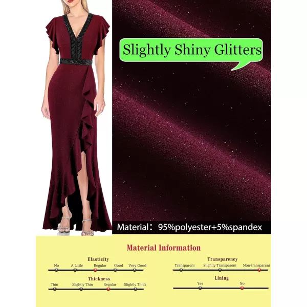 VFSHOW Womens Beaded V Neck Ruffle Sleeve Formal Prom High Split Maxi Dress 2023 Wedding Guest Bridesmaid Evening Long GownSparkly Claret Red