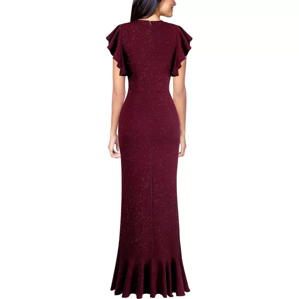 VFSHOW Womens Beaded V Neck Ruffle Sleeve Formal Prom High Split Maxi Dress 2023 Wedding Guest Bridesmaid Evening Long GownSparkly Claret Red