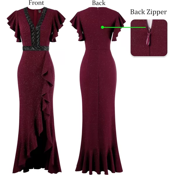 VFSHOW Womens Beaded V Neck Ruffle Sleeve Formal Prom High Split Maxi Dress 2023 Wedding Guest Bridesmaid Evening Long GownSparkly Claret Red