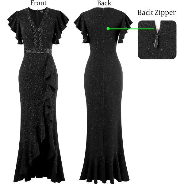 VFSHOW Womens Beaded V Neck Ruffle Sleeve Formal Prom High Split Maxi Dress 2023 Wedding Guest Bridesmaid Evening Long GownSparkly Dark Black