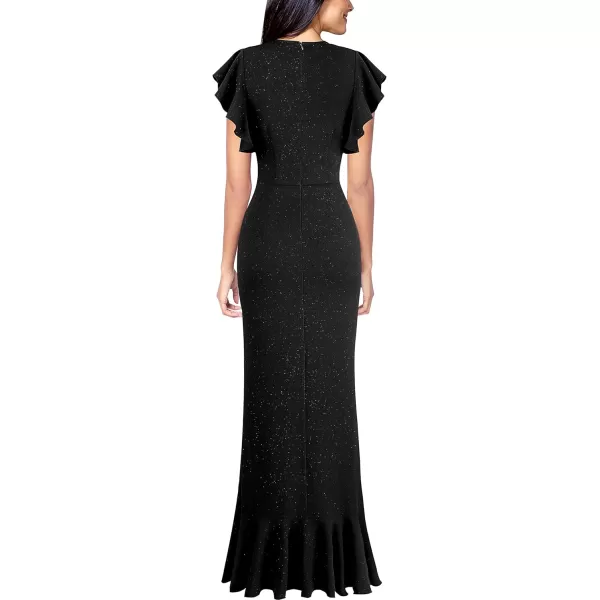 VFSHOW Womens Beaded V Neck Ruffle Sleeve Formal Prom High Split Maxi Dress 2023 Wedding Guest Bridesmaid Evening Long GownSparkly Dark Black