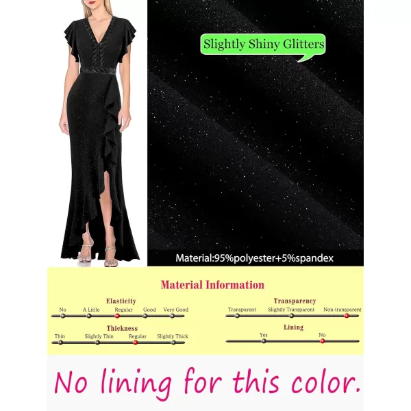 VFSHOW Womens Beaded V Neck Ruffle Sleeve Formal Prom High Split Maxi Dress 2023 Wedding Guest Bridesmaid Evening Long GownSparkly Dark Black