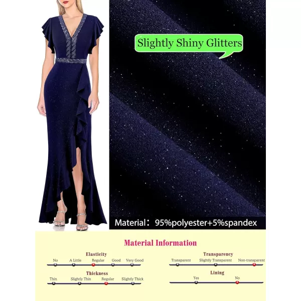 VFSHOW Womens Beaded V Neck Ruffle Sleeve Formal Prom High Split Maxi Dress 2023 Wedding Guest Bridesmaid Evening Long GownSparkly Dark Blue