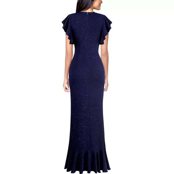 VFSHOW Womens Beaded V Neck Ruffle Sleeve Formal Prom High Split Maxi Dress 2023 Wedding Guest Bridesmaid Evening Long GownSparkly Dark Blue