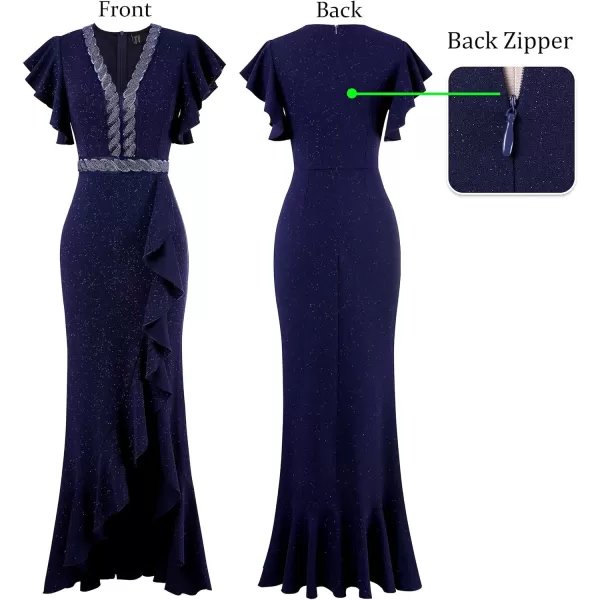 VFSHOW Womens Beaded V Neck Ruffle Sleeve Formal Prom High Split Maxi Dress 2023 Wedding Guest Bridesmaid Evening Long GownSparkly Dark Blue