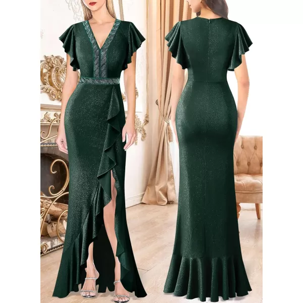 VFSHOW Womens Beaded V Neck Ruffle Sleeve Formal Prom High Split Maxi Dress 2023 Wedding Guest Bridesmaid Evening Long GownSparkly Green2