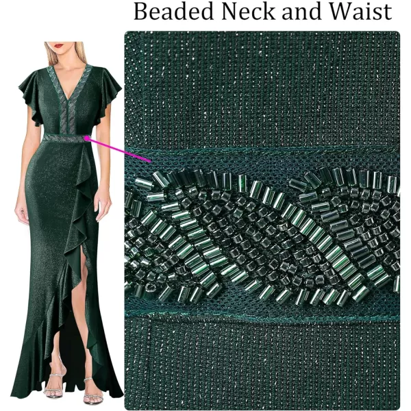 VFSHOW Womens Beaded V Neck Ruffle Sleeve Formal Prom High Split Maxi Dress 2023 Wedding Guest Bridesmaid Evening Long GownSparkly Green2