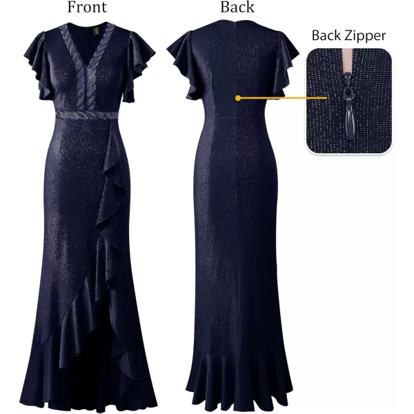 VFSHOW Womens Beaded V Neck Ruffle Sleeve Formal Prom High Split Maxi Dress 2023 Wedding Guest Bridesmaid Evening Long GownSparkly Navy Blue2