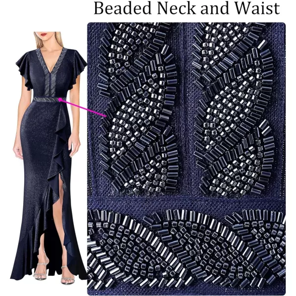 VFSHOW Womens Beaded V Neck Ruffle Sleeve Formal Prom High Split Maxi Dress 2023 Wedding Guest Bridesmaid Evening Long GownSparkly Navy Blue2