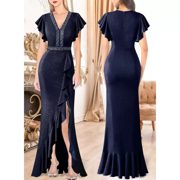 VFSHOW Womens Beaded V Neck Ruffle Sleeve Formal Prom High Split Maxi Dress 2023 Wedding Guest Bridesmaid Evening Long GownSparkly Navy Blue2