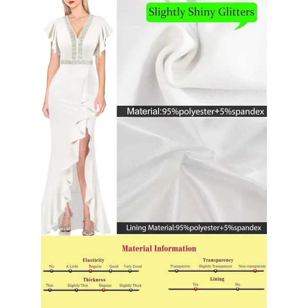 VFSHOW Womens Beaded V Neck Ruffle Sleeve Formal Prom High Split Maxi Dress 2023 Wedding Guest Bridesmaid Evening Long GownSparkly Offwhite