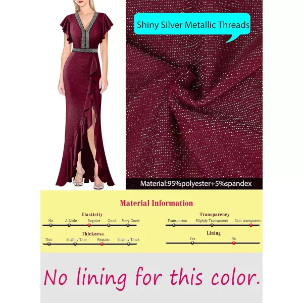 VFSHOW Womens Beaded V Neck Ruffle Sleeve Formal Prom High Split Maxi Dress 2023 Wedding Guest Bridesmaid Evening Long GownSparkly Red