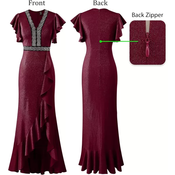 VFSHOW Womens Beaded V Neck Ruffle Sleeve Formal Prom High Split Maxi Dress 2023 Wedding Guest Bridesmaid Evening Long GownSparkly Red