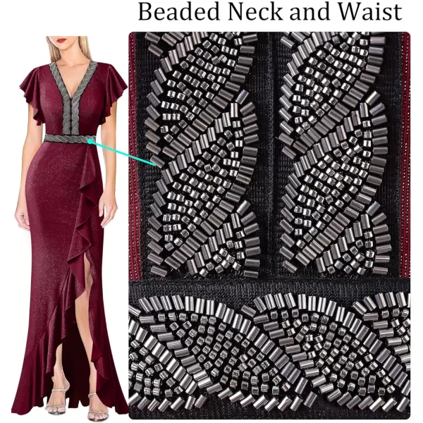 VFSHOW Womens Beaded V Neck Ruffle Sleeve Formal Prom High Split Maxi Dress 2023 Wedding Guest Bridesmaid Evening Long GownSparkly Red