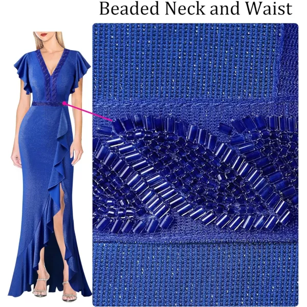 VFSHOW Womens Beaded V Neck Ruffle Sleeve Formal Prom High Split Maxi Dress 2023 Wedding Guest Bridesmaid Evening Long GownSparkly Royal Blue