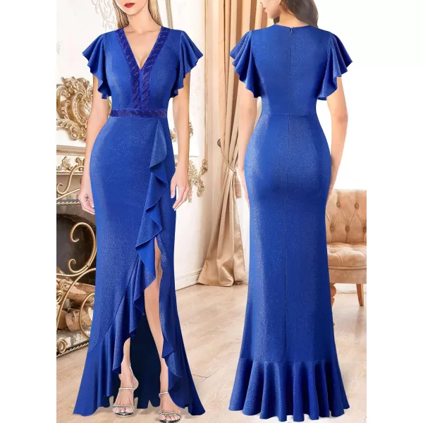 VFSHOW Womens Beaded V Neck Ruffle Sleeve Formal Prom High Split Maxi Dress 2023 Wedding Guest Bridesmaid Evening Long GownSparkly Royal Blue