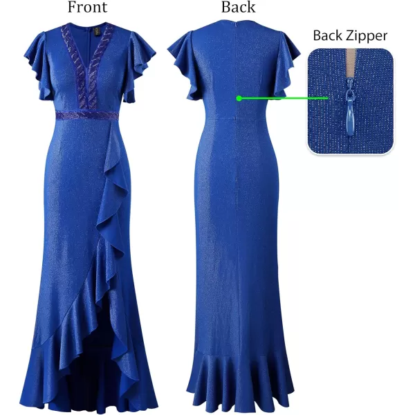 VFSHOW Womens Beaded V Neck Ruffle Sleeve Formal Prom High Split Maxi Dress 2023 Wedding Guest Bridesmaid Evening Long GownSparkly Royal Blue