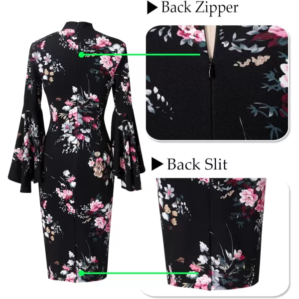 VFSHOW Womens Bell Sleeve Tie Neck Cocktail Party Bodycon Pencil DressBlack Multi Floral Printtie Neck