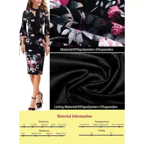 VFSHOW Womens Bell Sleeve Tie Neck Cocktail Party Bodycon Pencil DressBlack Multi Floral Printtie Neck