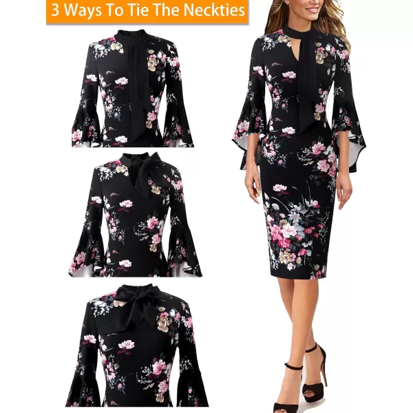 VFSHOW Womens Bell Sleeve Tie Neck Cocktail Party Bodycon Pencil DressBlack Multi Floral Printtie Neck