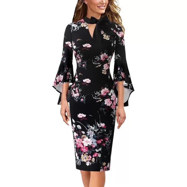 VFSHOW Womens Bell Sleeve Tie Neck Cocktail Party Bodycon Pencil DressBlack Multi Floral Printtie Neck