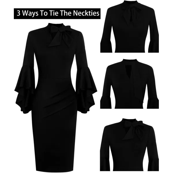 VFSHOW Womens Bell Sleeve Tie Neck Cocktail Party Bodycon Pencil DressBlack Tie Neck2