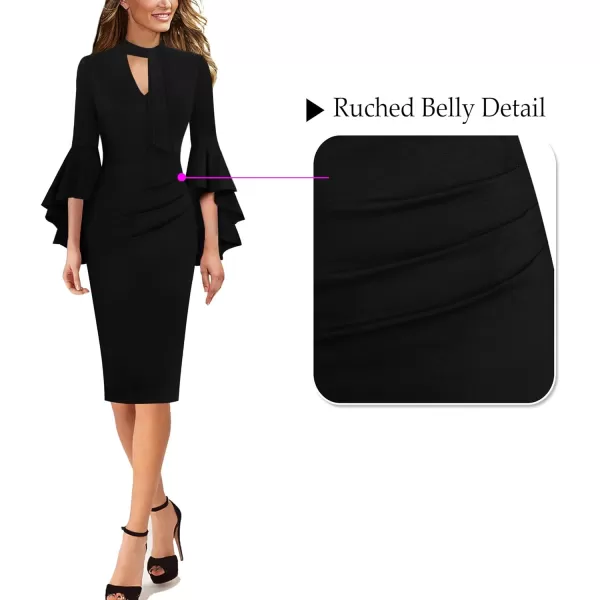 VFSHOW Womens Bell Sleeve Tie Neck Cocktail Party Bodycon Pencil DressBlack Tie Neck2