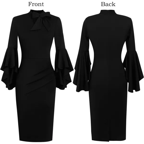 VFSHOW Womens Bell Sleeve Tie Neck Cocktail Party Bodycon Pencil DressBlack Tie Neck2