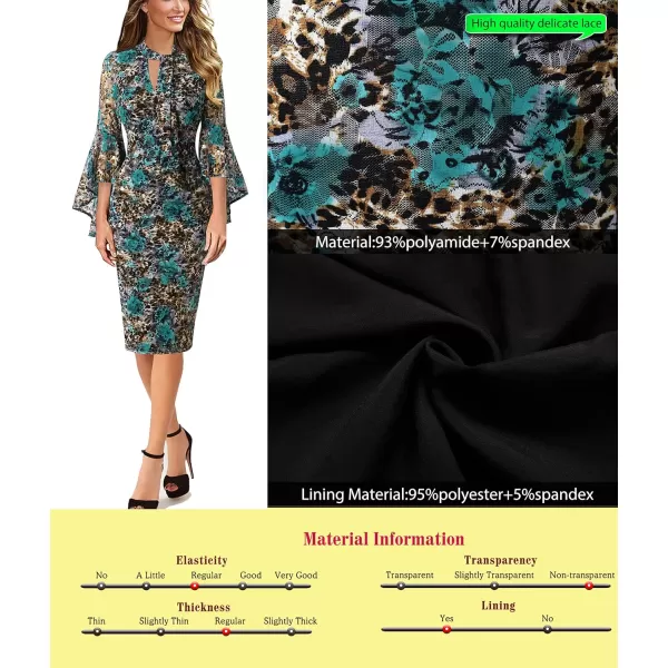 VFSHOW Womens Bell Sleeve Tie Neck Cocktail Party Bodycon Pencil DressBlue Leopard Printed Lace