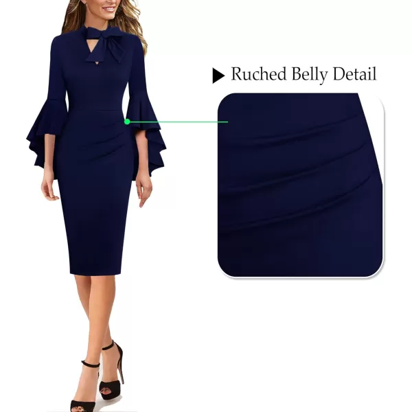 VFSHOW Womens Bell Sleeve Tie Neck Cocktail Party Bodycon Pencil DressDark Blue Tie Neck2