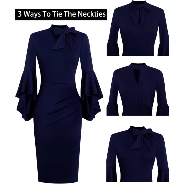 VFSHOW Womens Bell Sleeve Tie Neck Cocktail Party Bodycon Pencil DressDark Blue Tie Neck2