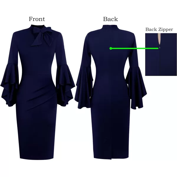 VFSHOW Womens Bell Sleeve Tie Neck Cocktail Party Bodycon Pencil DressDark Blue Tie Neck2