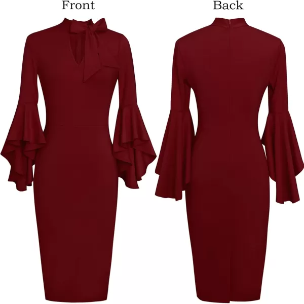 VFSHOW Womens Bell Sleeve Tie Neck Cocktail Party Bodycon Pencil DressDark Red Tie Neck