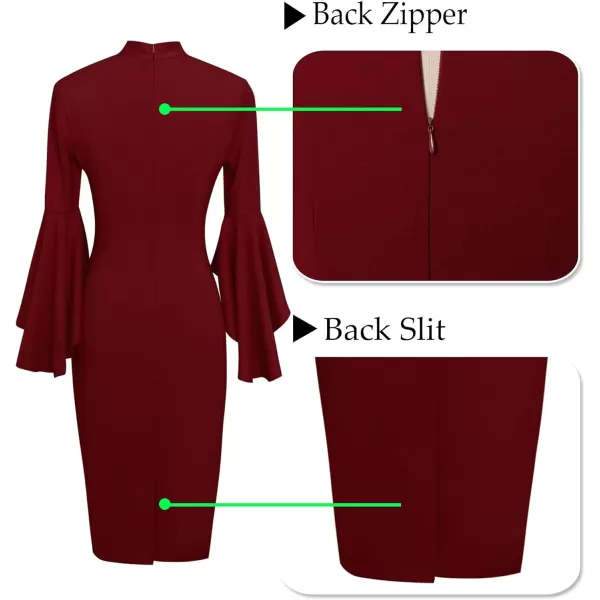 VFSHOW Womens Bell Sleeve Tie Neck Cocktail Party Bodycon Pencil DressDark Red Tie Neck