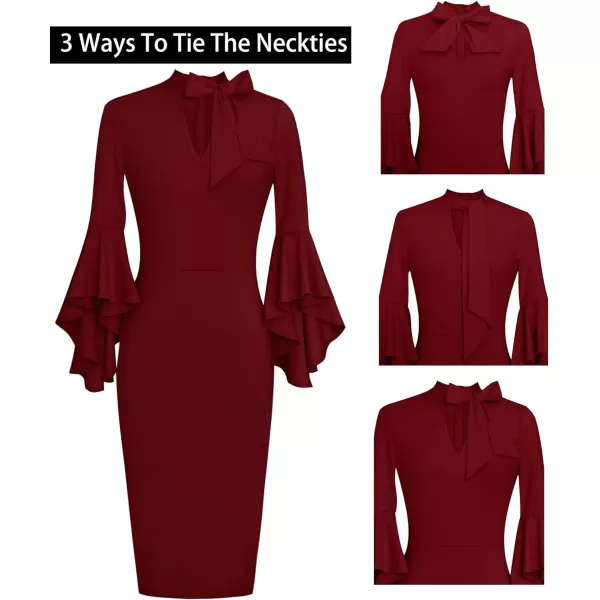 VFSHOW Womens Bell Sleeve Tie Neck Cocktail Party Bodycon Pencil DressDark Red Tie Neck