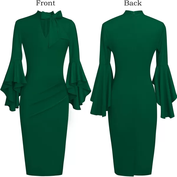 VFSHOW Womens Bell Sleeve Tie Neck Cocktail Party Bodycon Pencil DressGreen Tie Neck2