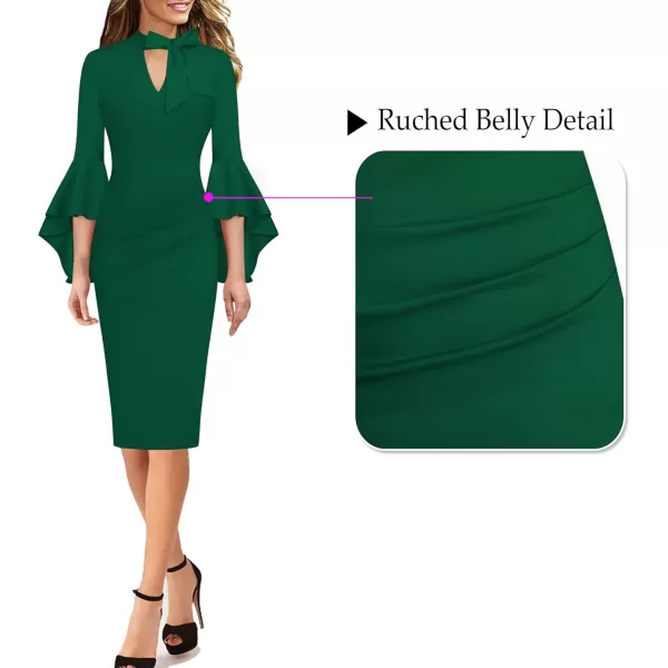 VFSHOW Womens Bell Sleeve Tie Neck Cocktail Party Bodycon Pencil DressGreen Tie Neck2