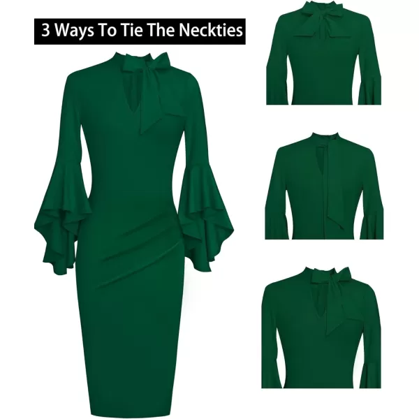 VFSHOW Womens Bell Sleeve Tie Neck Cocktail Party Bodycon Pencil DressGreen Tie Neck2