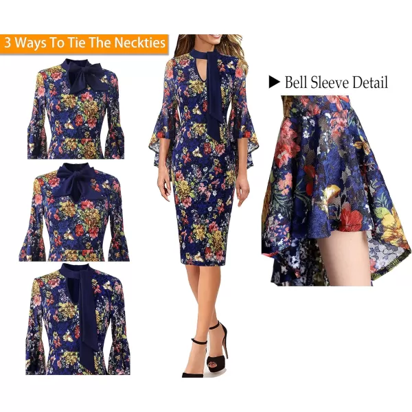 VFSHOW Womens Bell Sleeve Tie Neck Cocktail Party Bodycon Pencil DressNavy Blue and Floral Print Lace