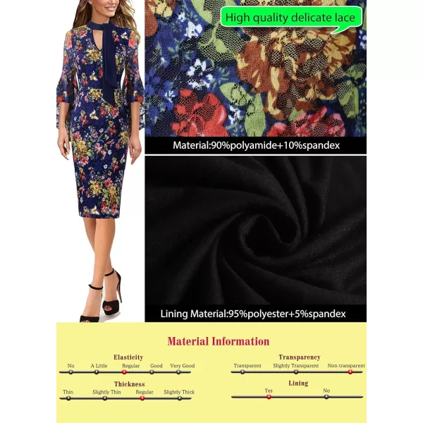 VFSHOW Womens Bell Sleeve Tie Neck Cocktail Party Bodycon Pencil DressNavy Blue and Floral Print Lace