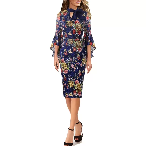 VFSHOW Womens Bell Sleeve Tie Neck Cocktail Party Bodycon Pencil DressNavy Blue and Floral Print Lace