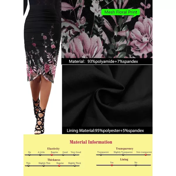 VFSHOW Womens Black Pink Floral Print Ruched Ruffle Shirred High Waist Asymmetric Wrap Casual Party Bodycon Pencil Skirt 9906 BLK 3XLVFSHOW Womens Black Pink Floral Print Ruched Ruffle Shirred High Waist Asymmetric Wrap Casual Party Bodycon Pencil Skirt 9906 BLK 3XL